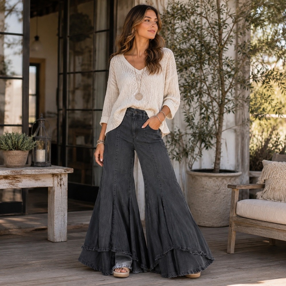 Pilcro Wide Leg Jeans Womens 4 Gray Cotton Blend Boho Flare High Low Hem Denim - Picture 1 of 12